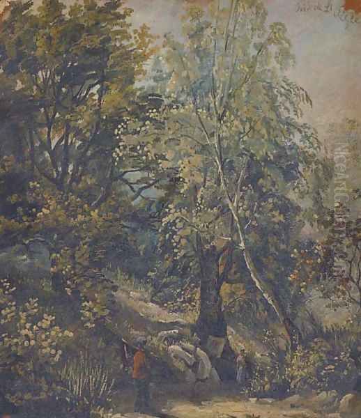 Figures on a woodland track Oil Painting by English School