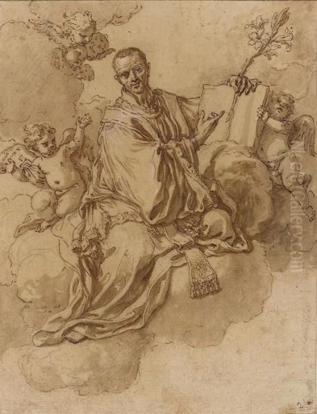 Saint Francis Xavier On Clouds Holding A Lily And A Book Withputti, A Townscape Below Oil Painting by Francesco Solimena