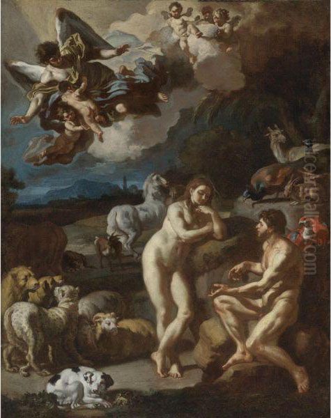 Adam And Eve In The Garden Of Eden Oil Painting by Francesco Solimena