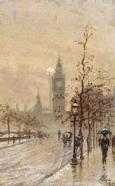 Figures walking in the rain on the Embankment with the Houses of Parliament beyond Oil Painting by English School