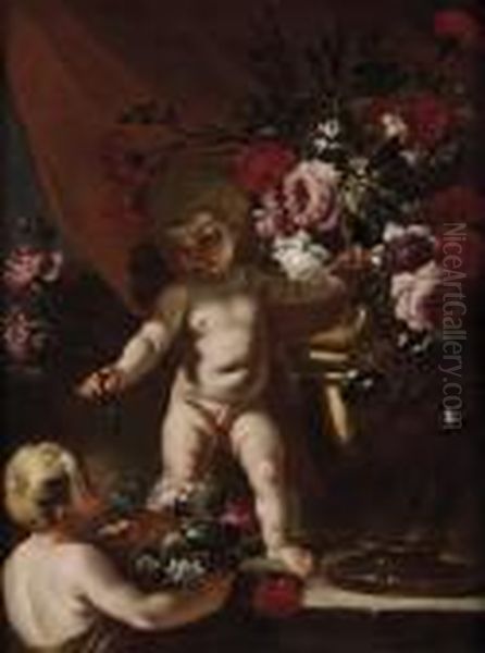 Putti Presso Vasi Di Fiori Oil Painting by Francesco Solimena