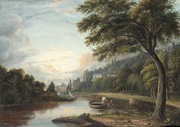 Fishermen drawing in their nets on a river at dusk Oil Painting by English School