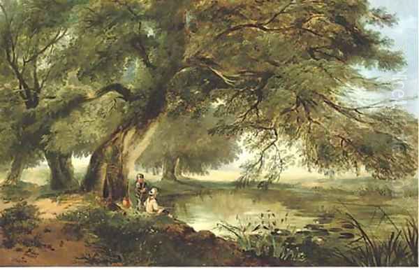 Fishing beside a river Oil Painting by English School