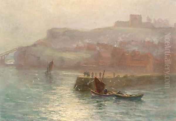 Fishing boats at the mouth of the harbour, Whitby Oil Painting by English School