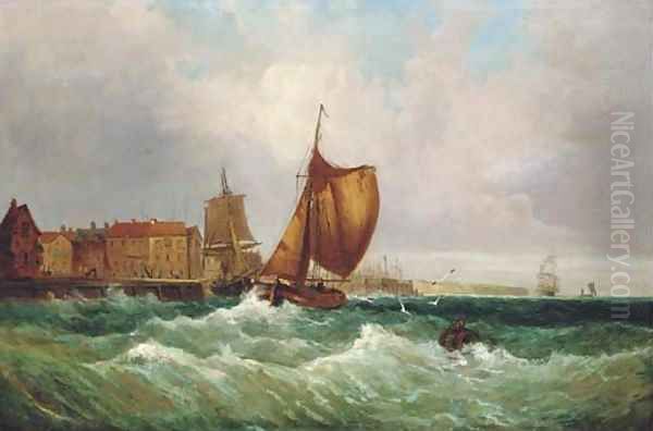 Fishing boats running out of harbour Oil Painting by English School