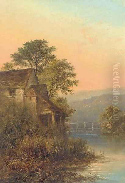 Fishing by a weir, dusk Oil Painting by English School