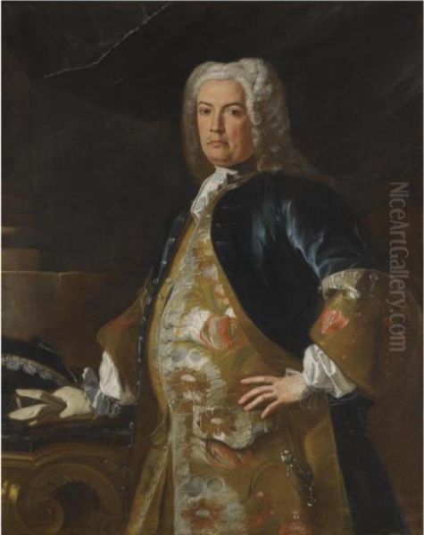 Portrait Of A Nobleman, 
Three-quarter Length, Leaning His Glovedright Hand On A Console Table Oil Painting by Francesco Solimena