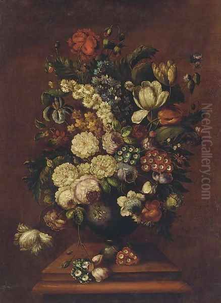 Flowers in a bowl next to pommegranites on a table Oil Painting by English School