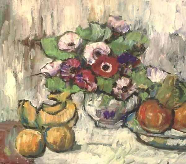 Flowers in a bowl with apples and bananas Oil Painting by English School