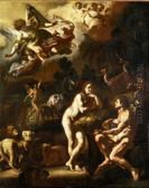 Adamo Ed Eva Nel Giardinodell'eden Oil Painting by Francesco Solimena