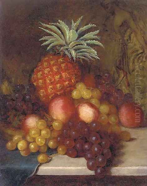 Grapes, peaches, and a pineapple, on a marble ledge Oil Painting by English School