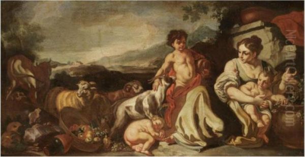 A Landscape With A Peasant Family And Their Animals Oil Painting by Francesco Solimena