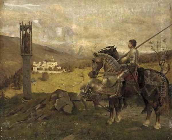 Knights before a wayside shrine Oil Painting by English School