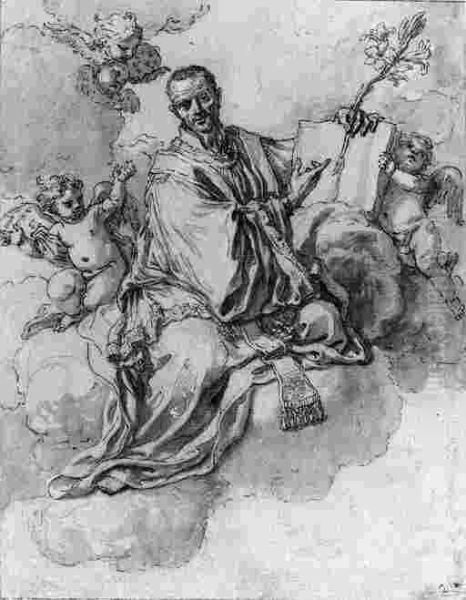 Saint Francis Xavier On Clouds Holding A Lily And A Book Withputti Oil Painting by Francesco Solimena