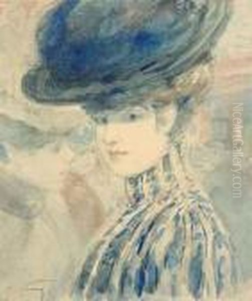 Portrait De Femme Au Chapeau Bleu Oil Painting by Henry Somm