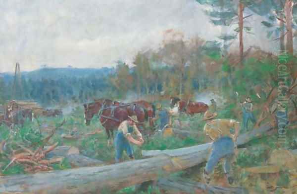 Lumberjacks and horses in a woodland clearing Oil Painting by English School