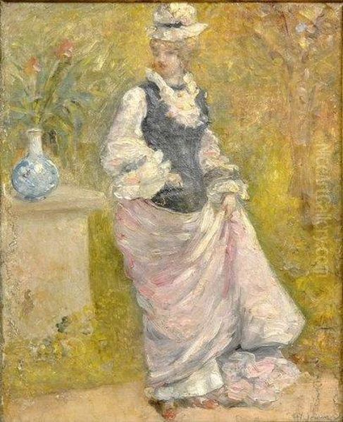 Portrait De Jeune Femme En Pied Au Chapeau A Cote D'un Vase Defleurs Oil Painting by Henry Somm