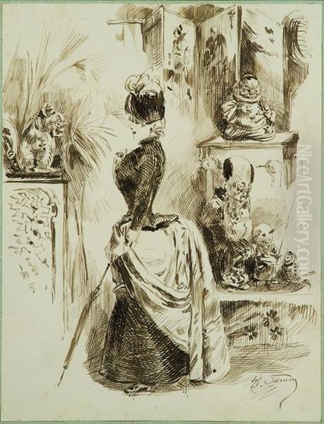 Woman Browsing An Oriental Shop Oil Painting by Henry Somm