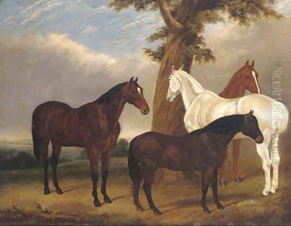 Mares under a tree Oil Painting by English School