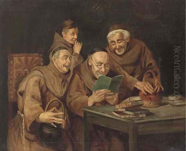 Monks sharing a joke; and Another similar Oil Painting by English School