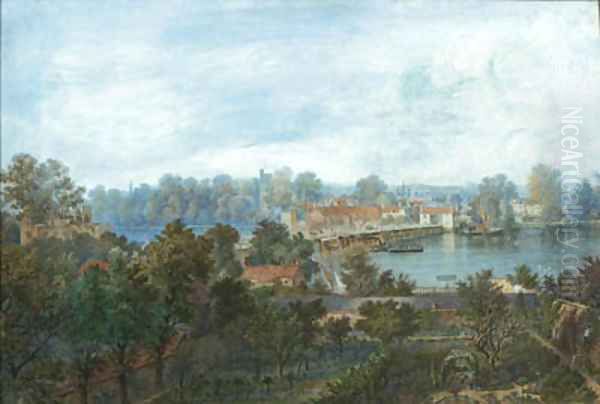 Old Putney Bridge looking towards Fulham, showing the Gothic Villa, Brewhouse Lane Oil Painting by English School