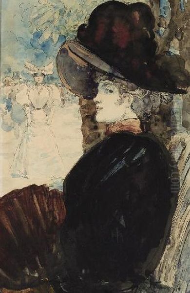 Jeune Femme Au Chapeau Vue De Profil Vers La Gauche, Des Personnages Derriere Elle Oil Painting by Henry Somm