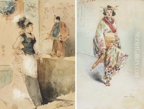 Japonaise En Kimono, Une 
Ombrelle A La Main; Et Une Elegante Regardant Un Samourai Avec Son Epee Oil Painting by Henry Somm