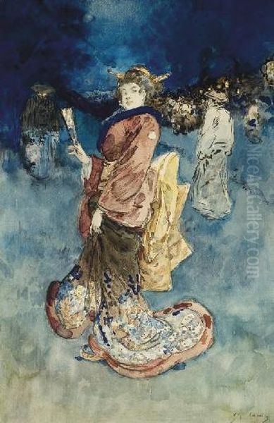 Une Femme En Kimono Tenant Un Eventail Oil Painting by Henry Somm