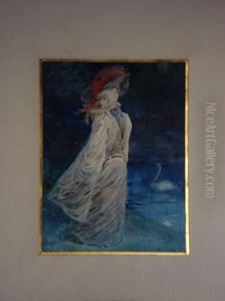 Elegante Au Cygne
 Aquarelle, Signee En Bas A Droite. Oil Painting by Henry Somm