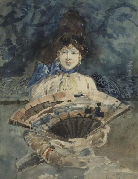 Elegant Lady Holding A Japanese Fan Oil Painting by Henry Somm