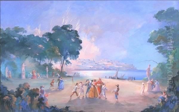 Carnival Celebration With Fireworks Oil Painting by Konstantin Andreevic Somov