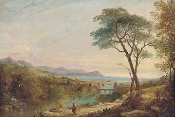 Pastoral figures in a classical landscape, with the coast beyond; and Another similar Oil Painting by English School