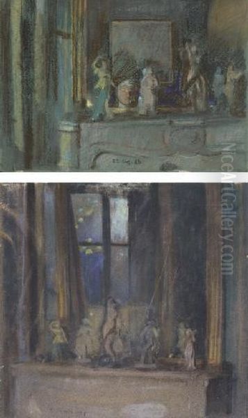 Porcelain Figures On A 
Mantelpiece; And Porcelain Figures On A Mantelpiece With A Self-portrait Oil Painting by Konstantin Andreevic Somov