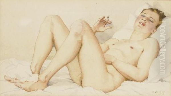 Male Nude With Cigarette Oil Painting by Konstantin Andreevic Somov