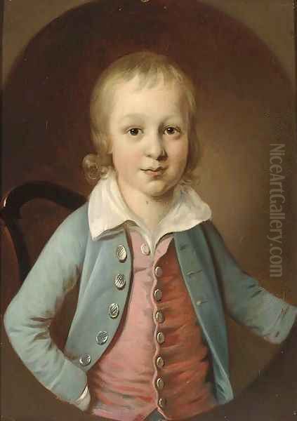 Portrait of a boy, half-length, in a blue jacket and red waistcoat Oil Painting by English School