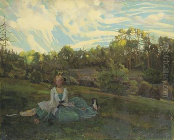 A Girl In An Evening Landscape Oil Painting by Konstantin Andreevic Somov