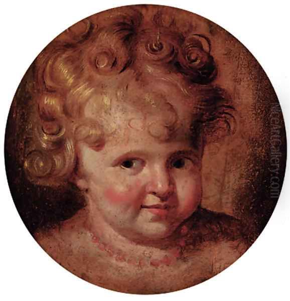 Portrait of a boy, head-and-shoulders, wearing a coral necklace Oil Painting by English School