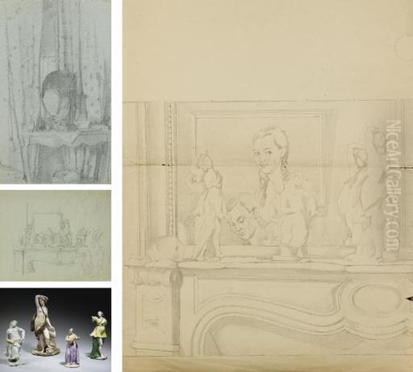 Interior With A Console And 
Mirror; Study For 'an Intimate Moment'; Two Sketches For 'self-portrait 
With Porcelain Figures On A Mantelpiece' Oil Painting by Konstantin Andreevic Somov