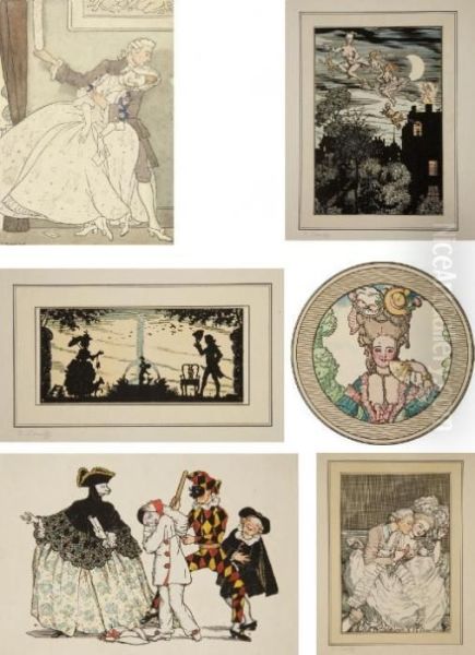 A Rare Group Of Six Lithographs 
For The Book 'le Livre De La Marquise': La Femme; L'impatient; Rencontre
 A La Fontaine; Bal Au Monastere; La Lettre; And Diablotins Et Sorcieres Oil Painting by Konstantin Andreevic Somov