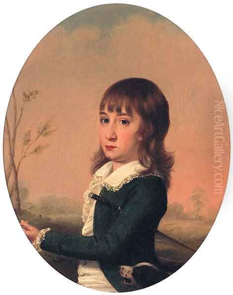 Portrait of a Boy, small half-length, in a green jacket and white shirt Oil Painting by English School