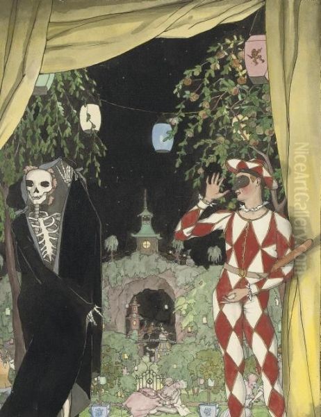 Harlequin And Death Oil Painting by Konstantin Andreevic Somov