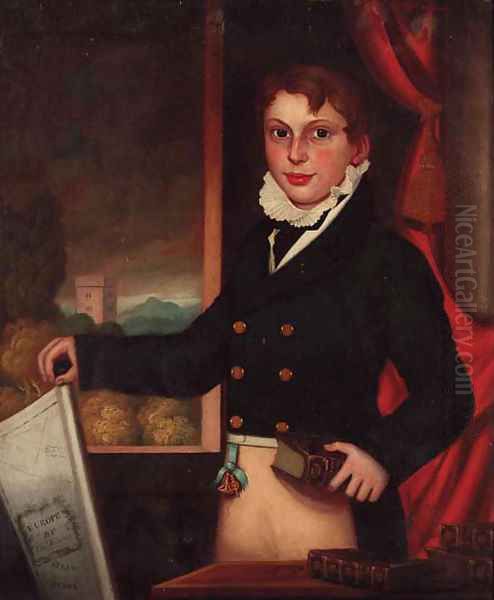 Portrait of a boy, three-quarter-length, in a black jacket and buff breeches Oil Painting by English School