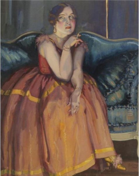 A Woman Smoking A Cigarette On A Sofa Oil Painting by Konstantin Andreevic Somov