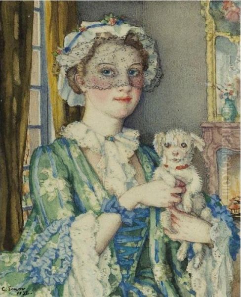 Young Lady With A Lapdog Oil Painting by Konstantin Andreevic Somov