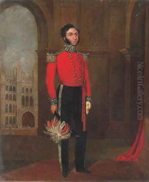 Portrait of a gentleman, full-length, in the uniform of a Lord Lieutenant, before the Guildhall Oil Painting by English School