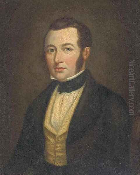 Portrait of a gentleman, half-length in a dark coat and yellow waistcoat Oil Painting by English School