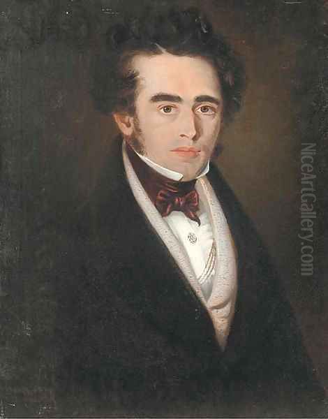 Portrait of a gentleman, half-length, in a black jacket and maroon bow-tie Oil Painting by English School