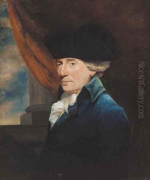 Portrait of a gentleman, half-length, in a blue coat and black tricorn, before a column Oil Painting by English School