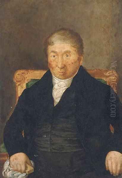 Portrait of a gentleman, seated half-length, in a black suit and waistcoat, holding a bar of soap Oil Painting by English School