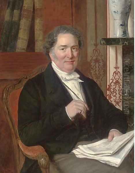 Portrait of a gentleman, seated three-quarter-length, in a black coat holding a paper in his left hand and a glass Oil Painting by English School